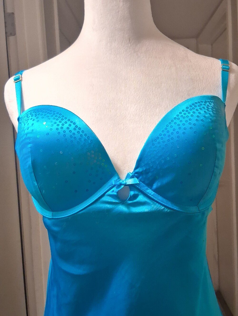 Victoria's Secret Turquoise Satin Lingerie Dress Sz34D Babydoll Fairy Padded Cup - Picture 5 of 15